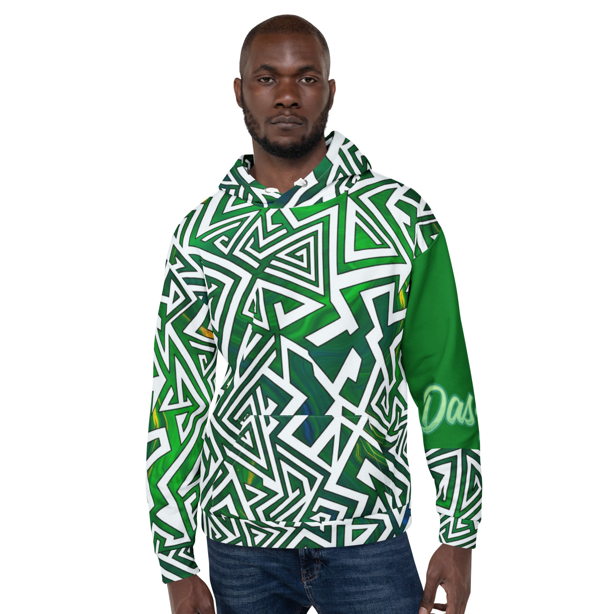 A focused man wears a Dashot green tribal geometric streetwear hoodie, evoking a crisp, minty freshness with bold white labyrinth lines slicing through deep emerald.