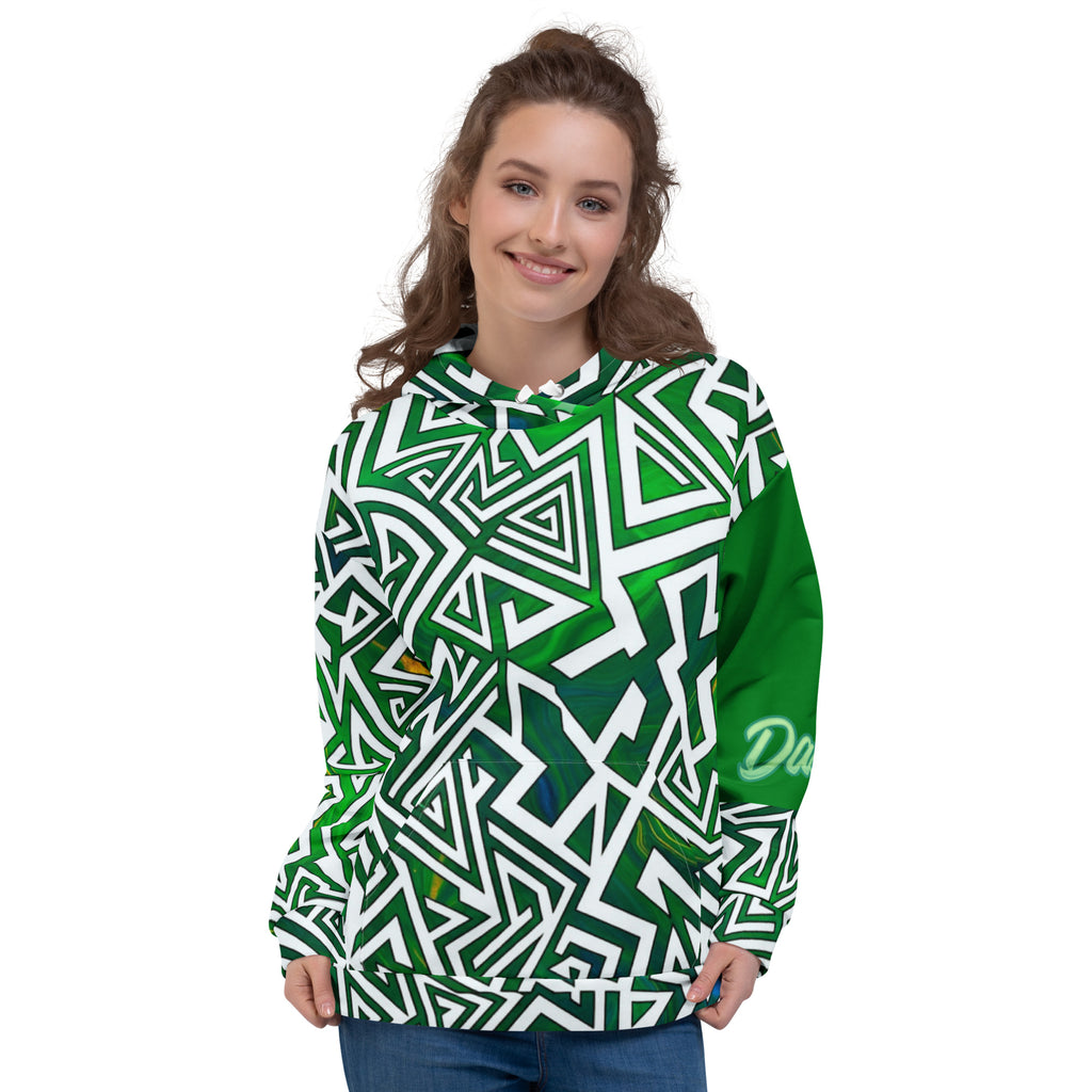 A smiling woman wears a Dashot green tribal geometric streetwear hoodie in a front view, evoking a crisp, minty freshness with bold white labyrinth lines slicing through deep emerald.