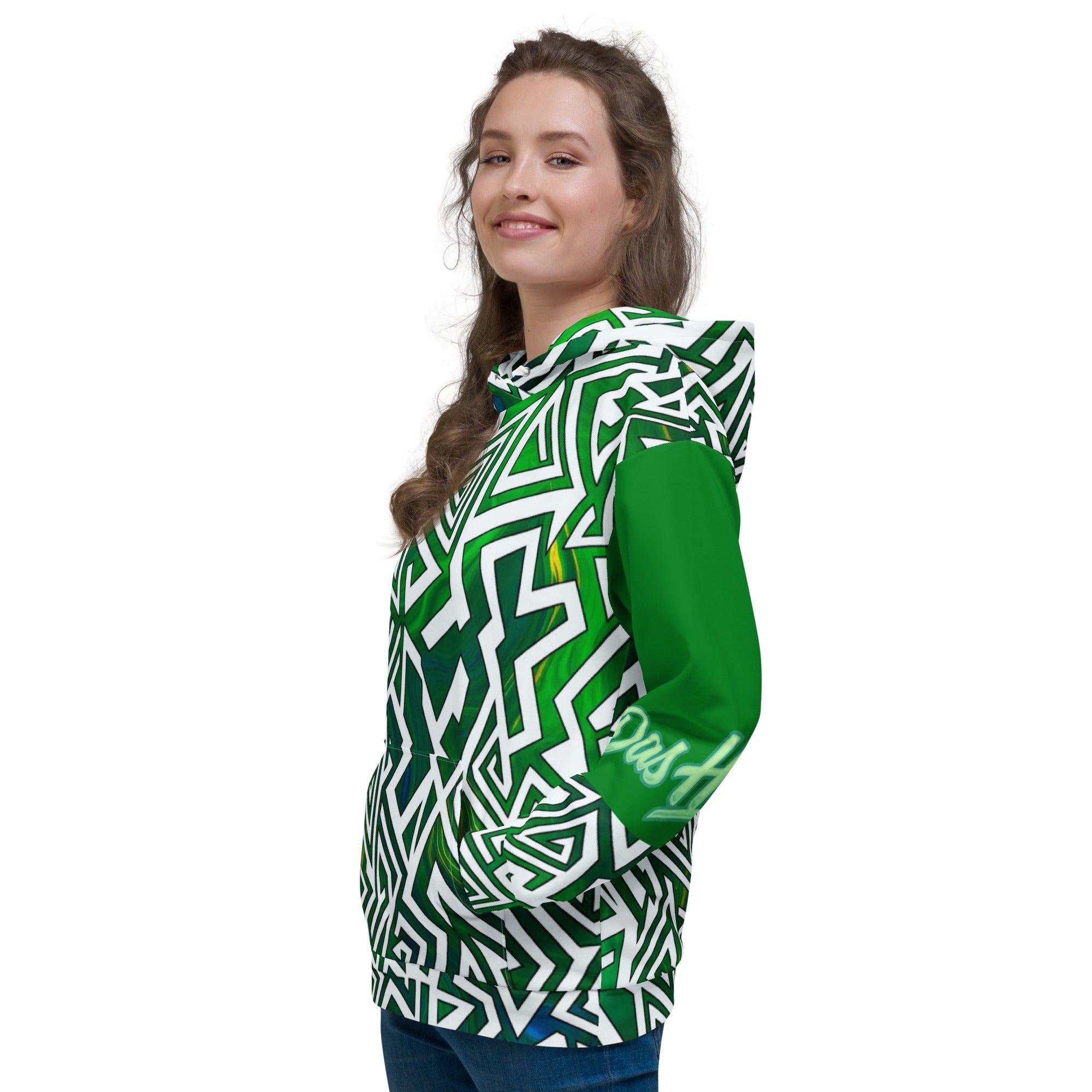 A smiling woman wears the Dashot green tribal geometric streetwear hoodie in a left-angle front view, channeling a crisp, minty energy with sharp white labyrinth lines slicing across deep emerald.
