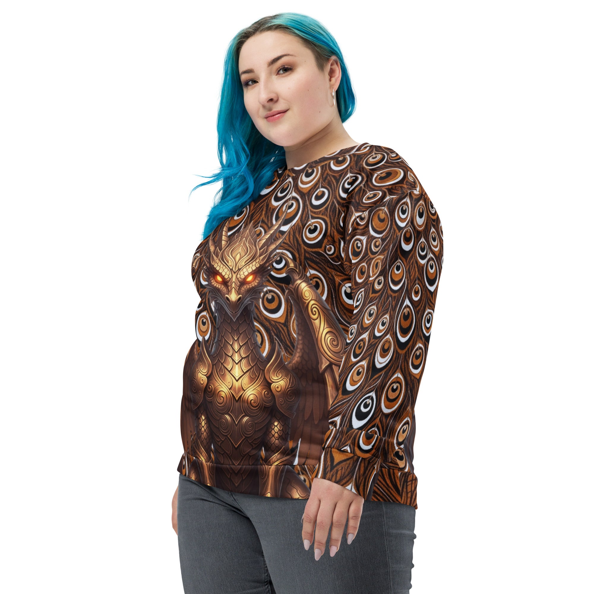 Front view of a female model wearing a long-sleeve sweatshirt featuring an all-over dark brown and black peacock feather print with a metallic gold dragon design.