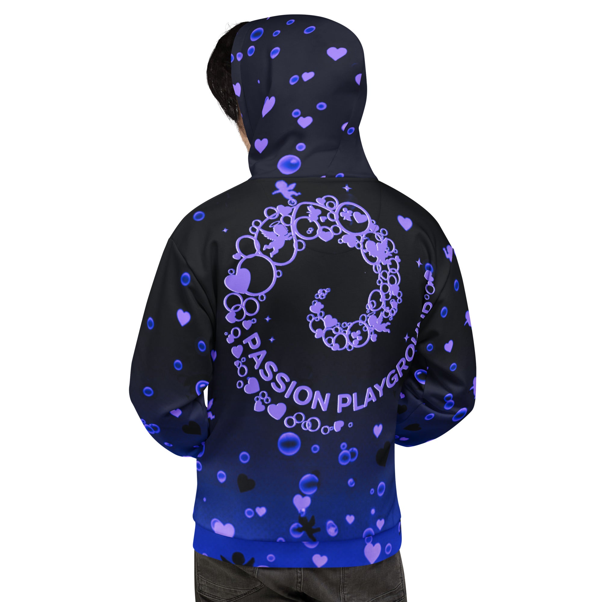 A man from behind wears a unisex Passion Playground streetwear hoodie, featuring a large back bubble swirl graphic with hearts on a black-to-blue gradient.