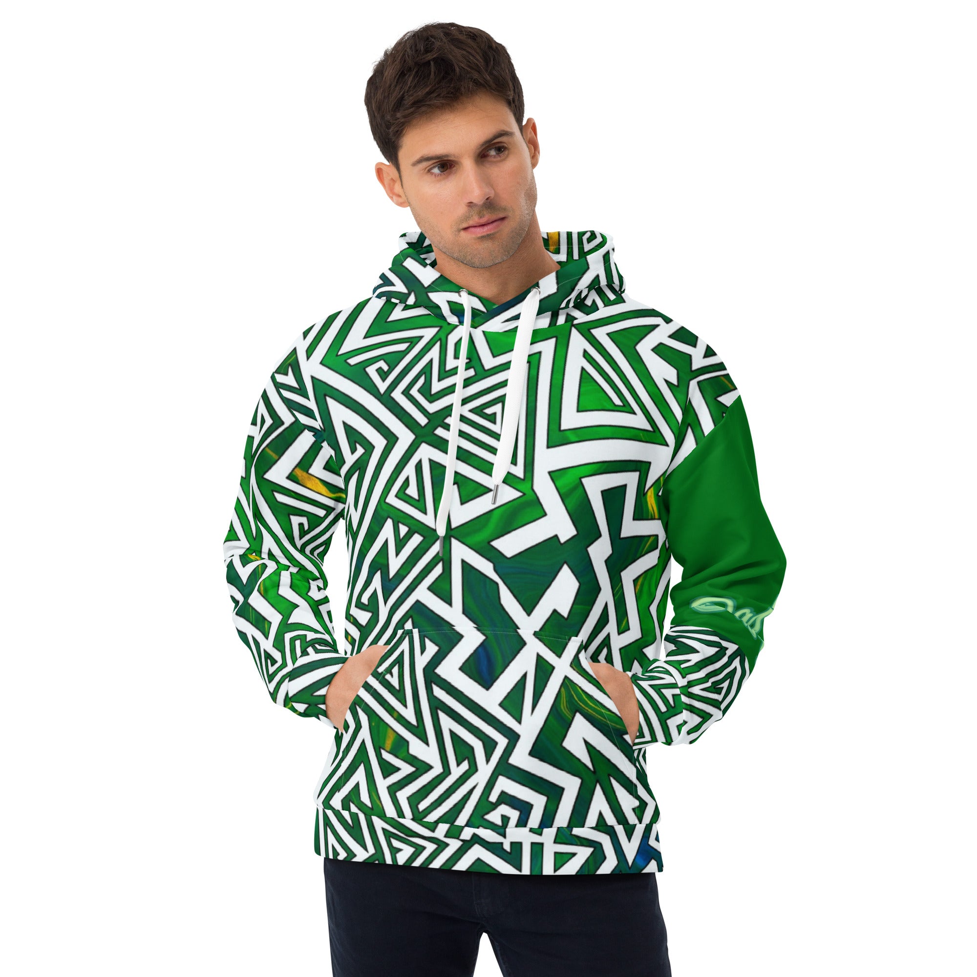 Dashot Green Tribal Geometric Streetwear Hoodie front view - man wearing emerald green labyrinth print hoodie with white geometric tribal lines and solid green sleeve Dashot.shop
