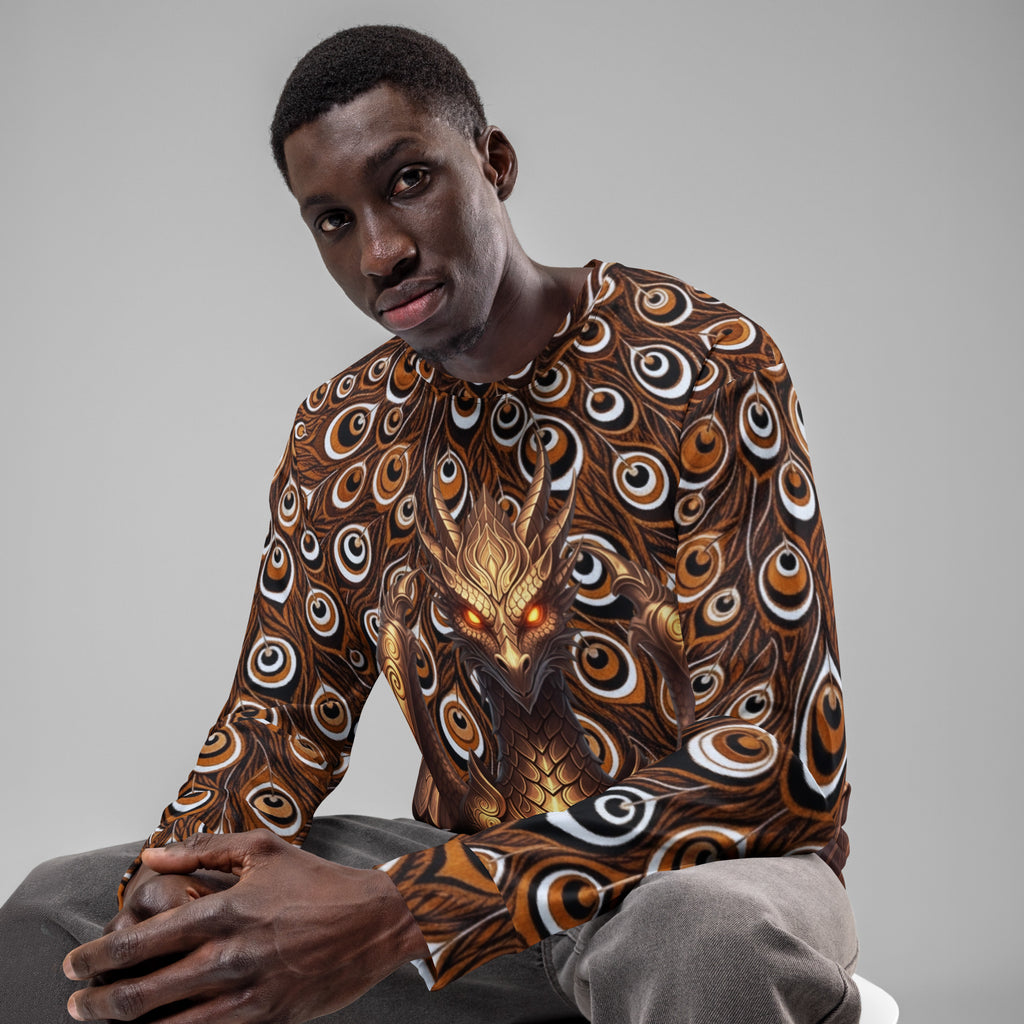 Front view of a male model wearing a long-sleeve sweatshirt featuring an all-over dark brown and black peacock feather print with a metallic gold dragon design.