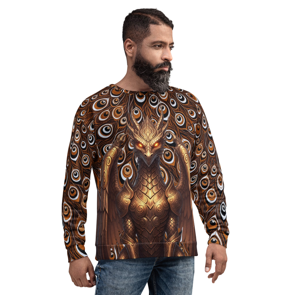 Side profile of a male model wearing a long-sleeve sweatshirt featuring an all-over dark brown and black peacock feather print with a metallic gold dragon design.