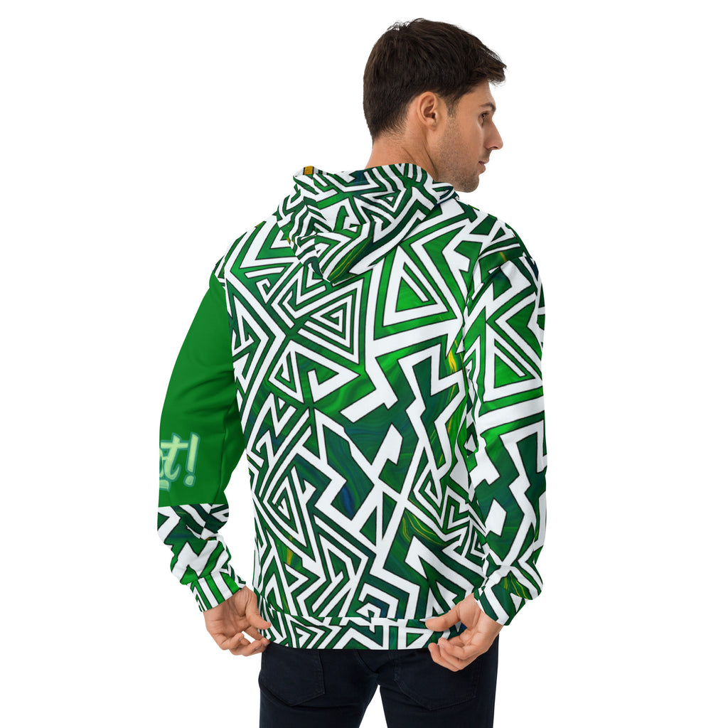 A man looks away in a right-angle back view wearing a Dashot green tribal geometric streetwear hoodie, showcasing sharp white labyrinth paths that overlay a deep emerald base with the crisp, cooling presence of a frosted forest maze.