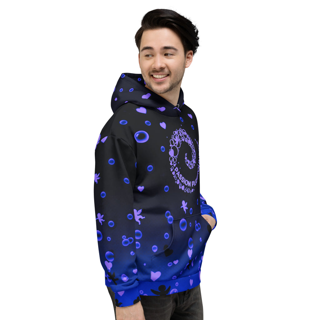A smiling man wears a unisex Passion Playground streetwear hoodie in a right-angle front view, featuring a bubble swirl graphic on a black-to-blue gradient.
