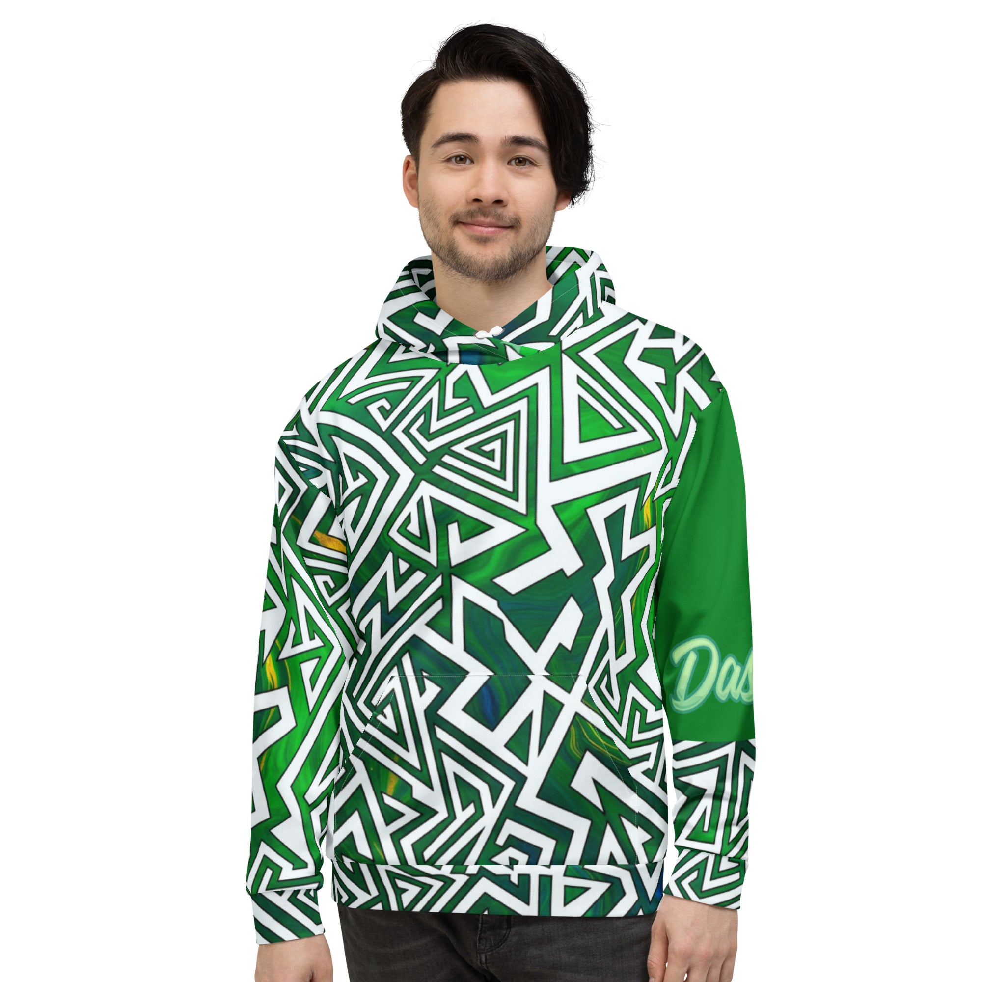 A smiling man wears a Dashot green tribal geometric streetwear hoodie in a front view, evoking a crisp, minty freshness with bold white labyrinth lines slicing through deep emerald.