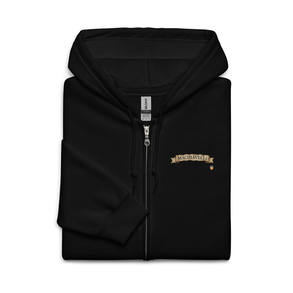 Machiavelli Zip Up Hoodie folded front - embroidered Machiavelli name on parchment paper Dashot.shop
