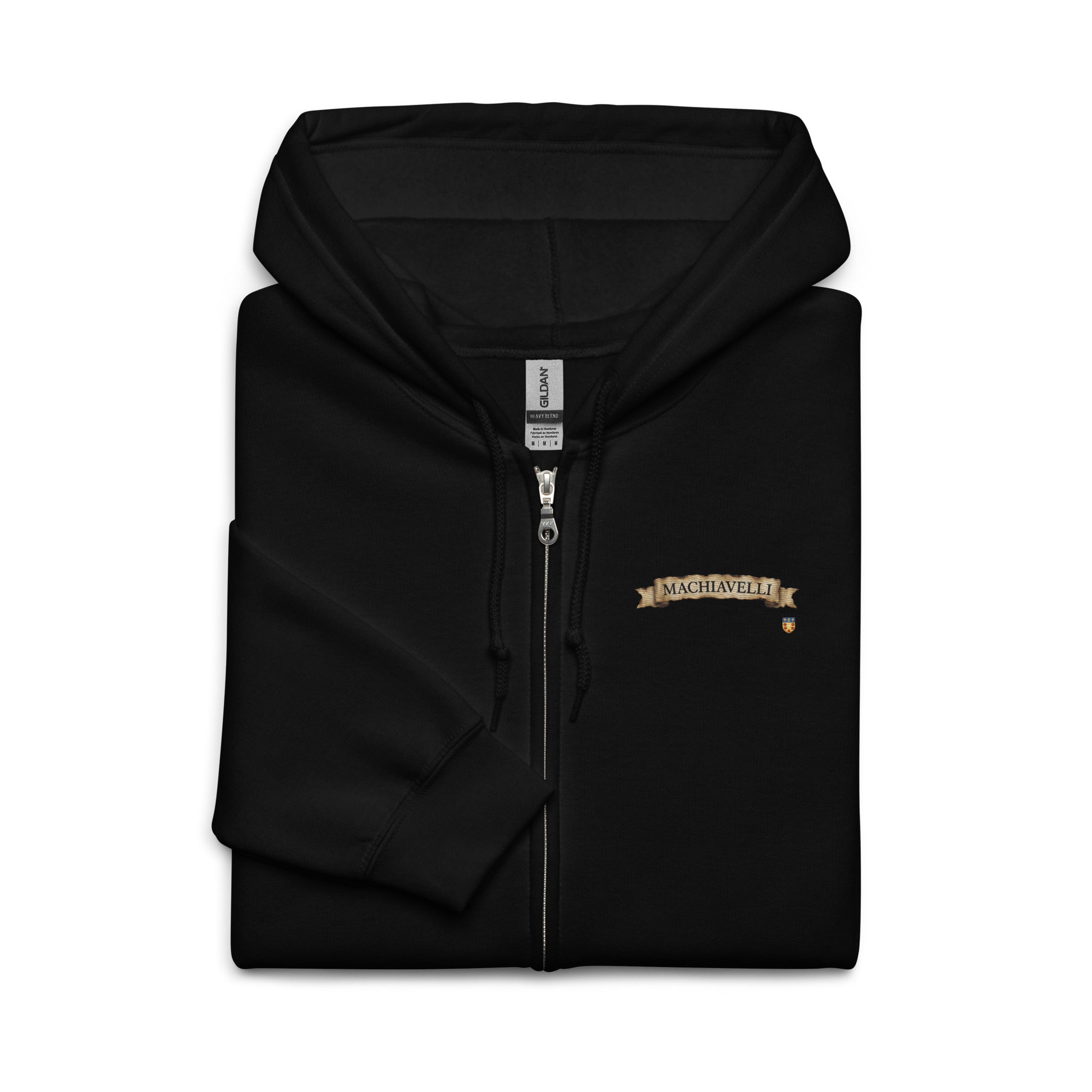 Machiavelli Zip Up Hoodie folded front - embroidered Machiavelli name on parchment paper Dashot.shop
