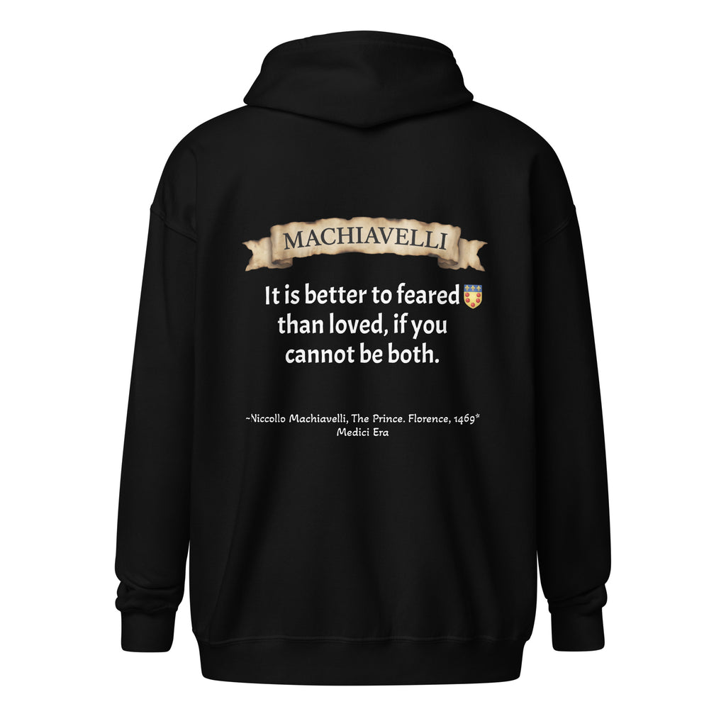 Machiavelli Embroidered Zip Up Hoodie back view - Niccolo Machiavelli famous quote and crest graphic print streetwear hoodie Dashot.shop

