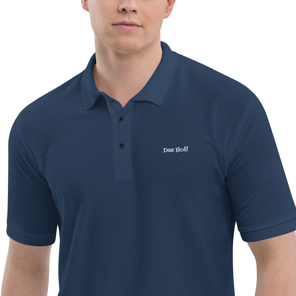 Navy blue polo shirt with 'Des Bol!' text on a white background