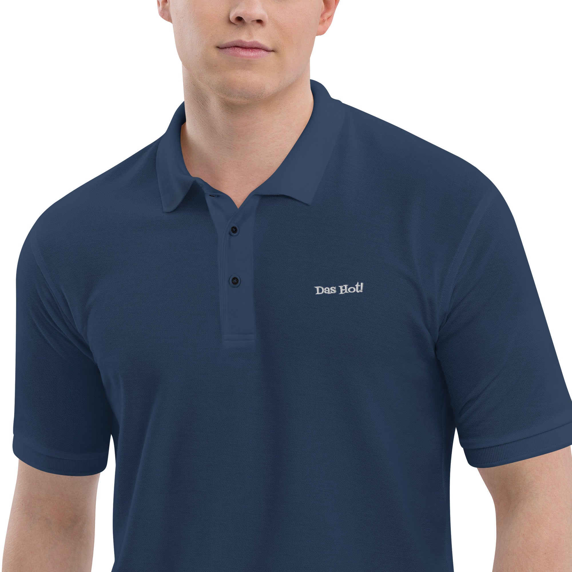 Navy blue polo shirt with 'Des Bol!' text on a white background