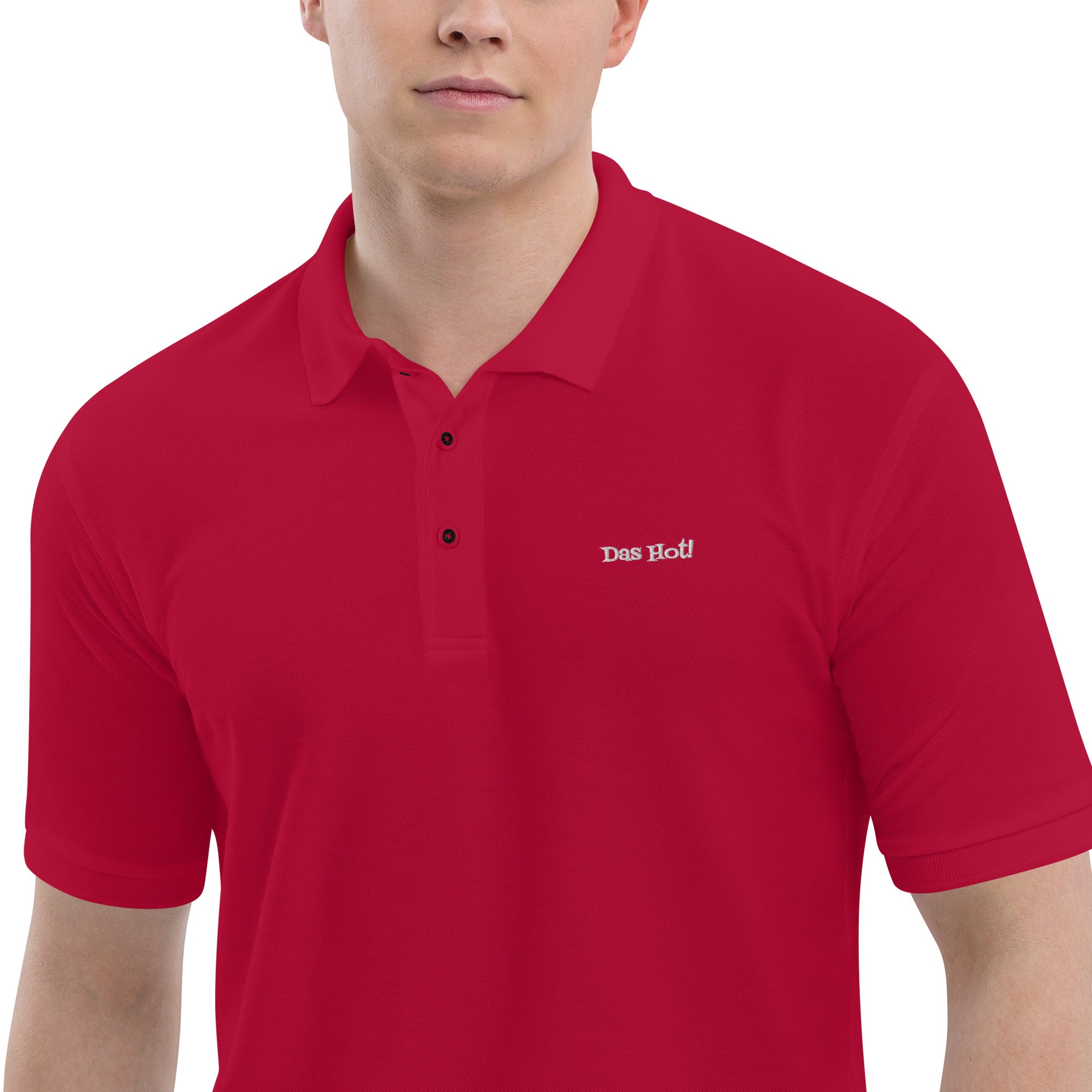 Red polo shirt with 'Das Rod!' text on a white background