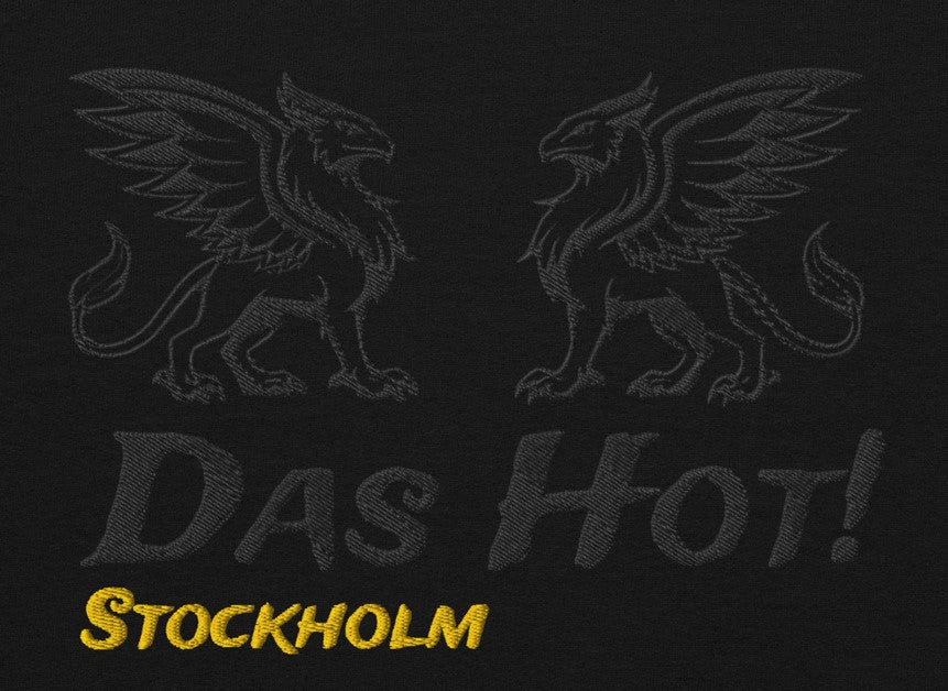 Stockholm Griffin Hoodie White Close-Up - Black Stitched Mythical Griffins with Das Hot Brand Logo and Stockholm Gold Embroidery