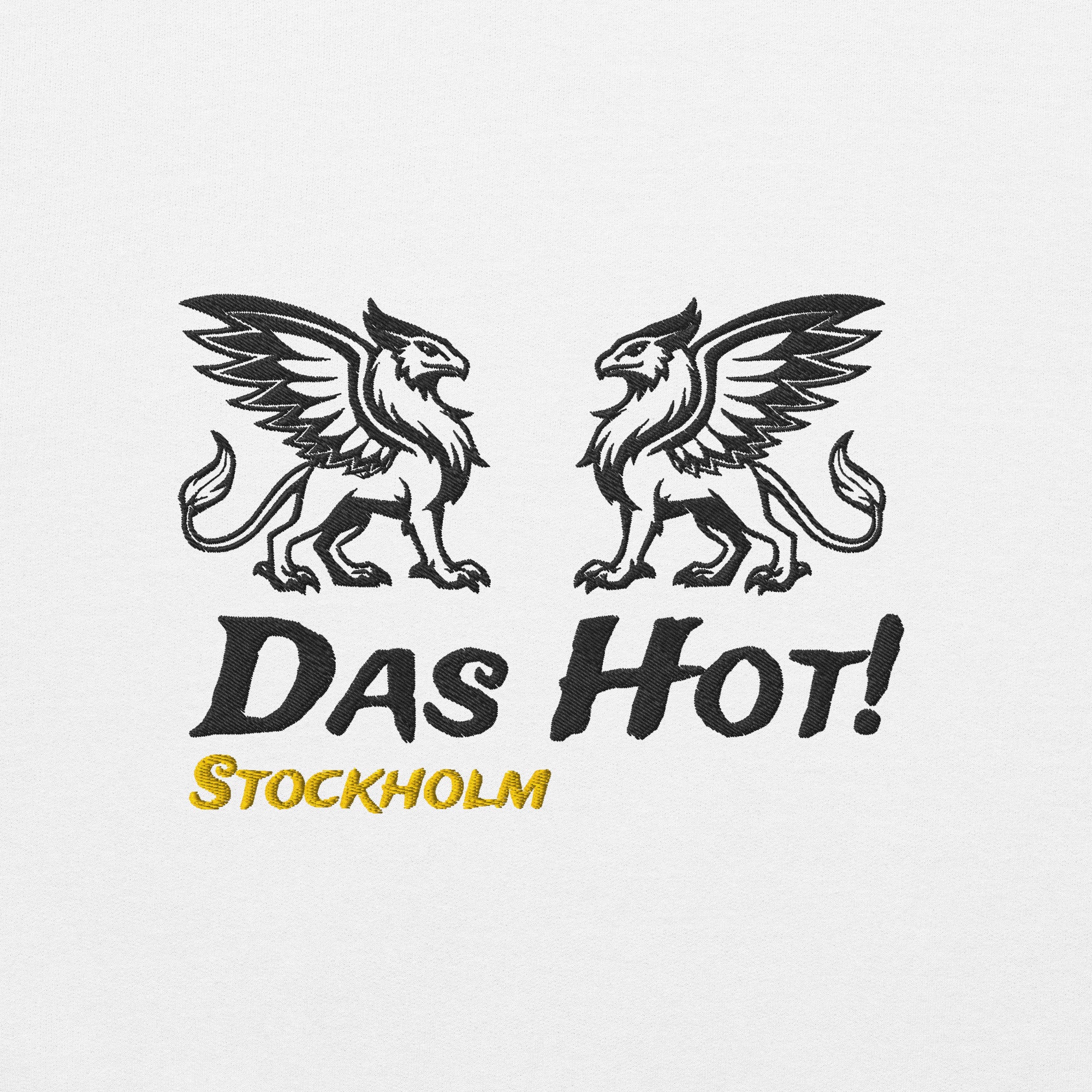 Stockholm Griffin Hoodie White Close-Up - Black Stitched Mythical Griffins with Das Hot Brand Logo and Stockholm Gold Embroidery