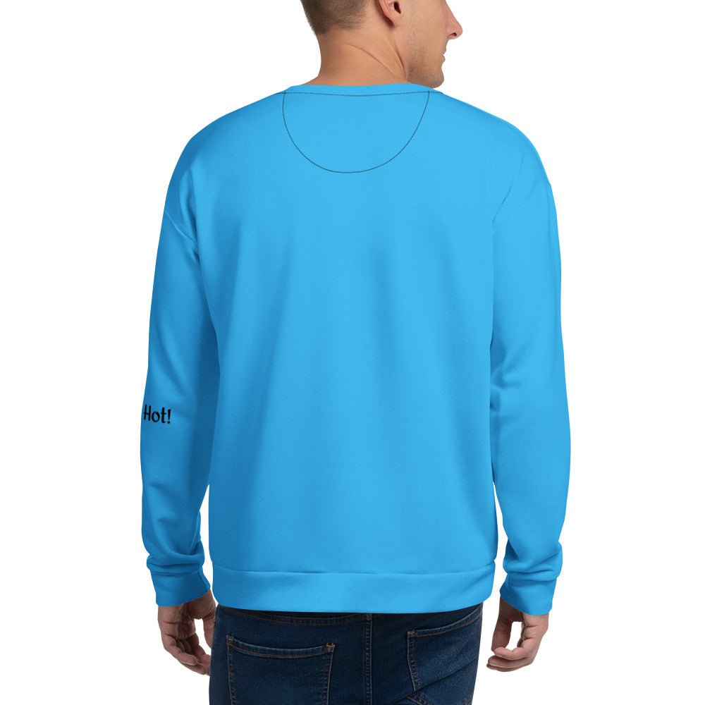 Back view of a model wearing the unisex cyan blue DJ Panda streetwear sweatshirt by Das Hot, showing the solid blue back fabric and clean half-moon collar stitching.