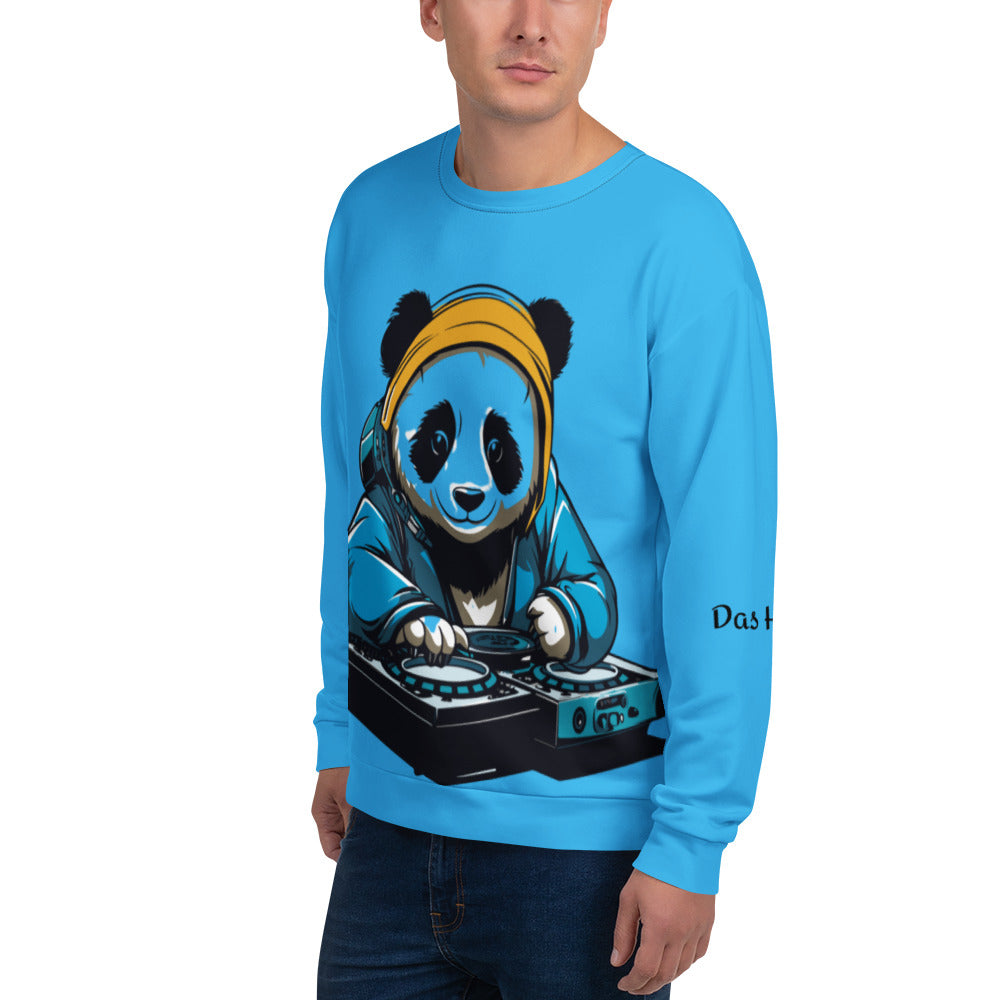 Close-up three-quarter view of a model wearing the unisex cyan blue DJ Panda graphic streetwear sweatshirt, showing the front turntable graphic and Das Hot sleeve branding detail.
