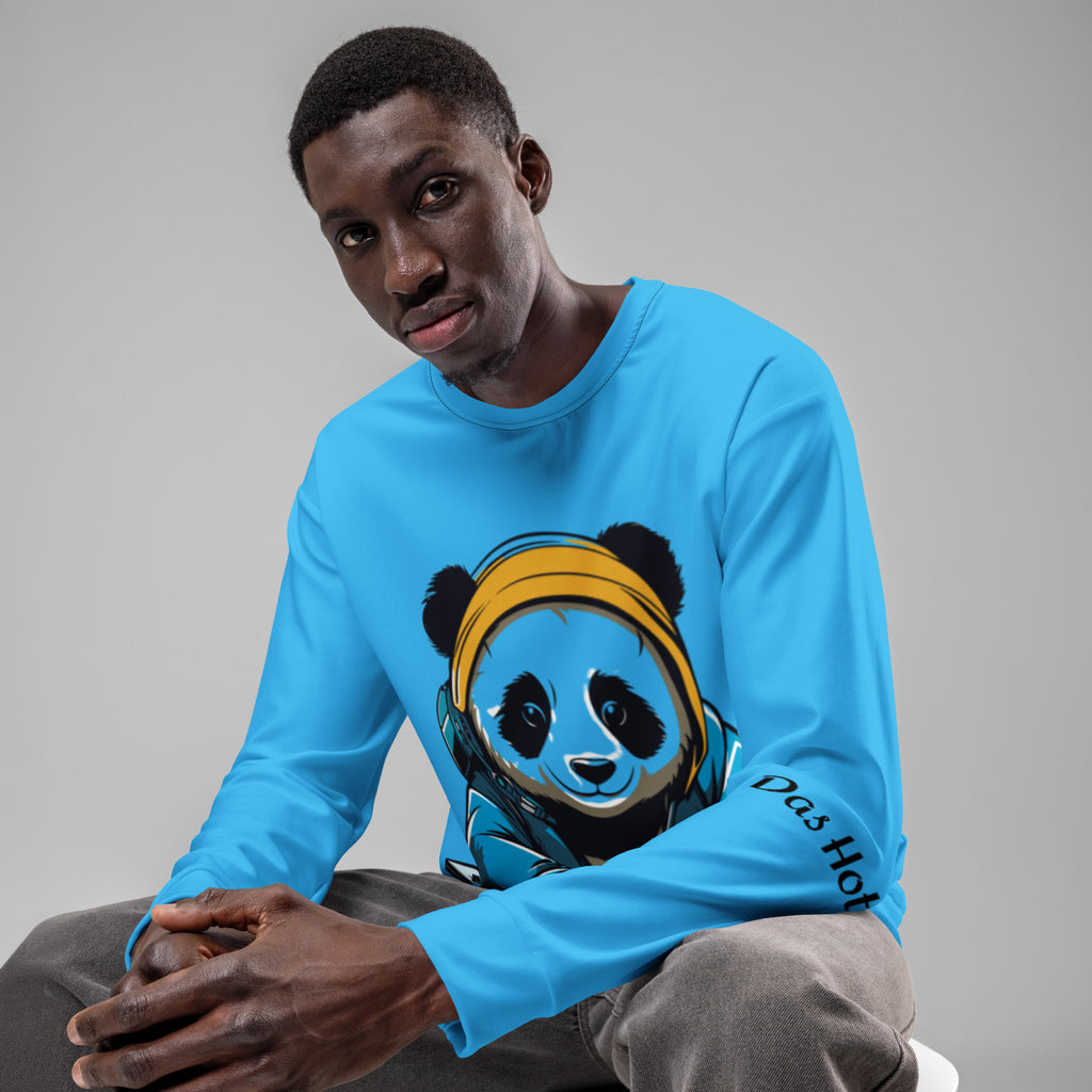 Model wearing the unisex cyan blue DJ Panda graphic streetwear sweatshirt by Das Hot, displaying the sleeve branding text and relaxed fit.