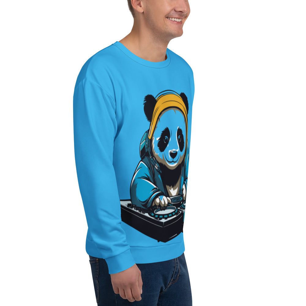 Right three-quarter view of a smiling model wearing the unisex cyan blue DJ Panda graphic streetwear sweatshirt by Das Hot.