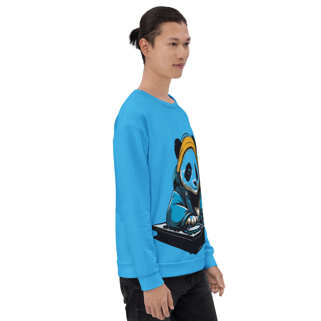 Right side profile view of a model wearing the unisex cyan blue DJ Panda graphic streetwear sweatshirt by Das Hot.