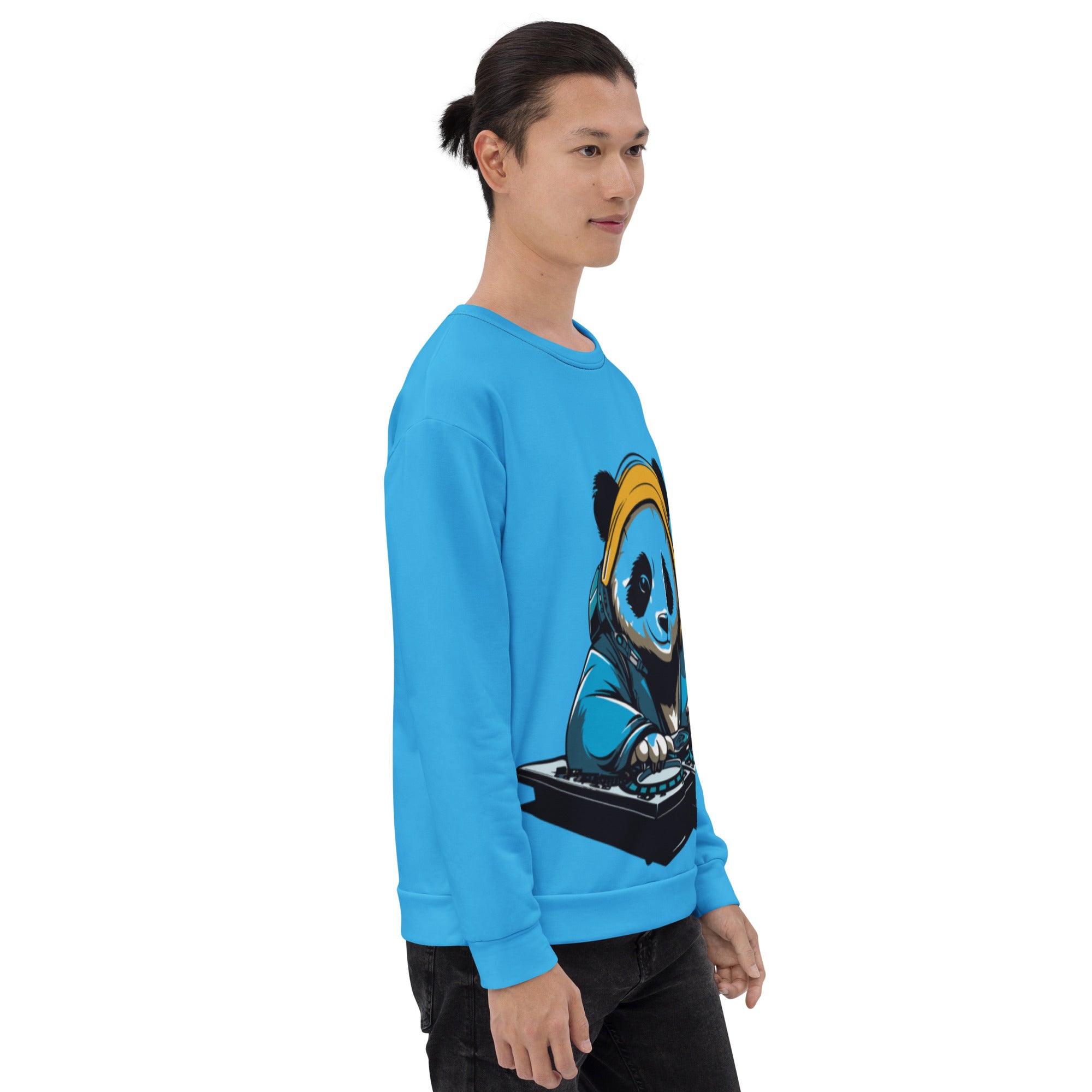 Right side profile view of a model wearing the unisex cyan blue DJ Panda graphic streetwear sweatshirt by Das Hot.