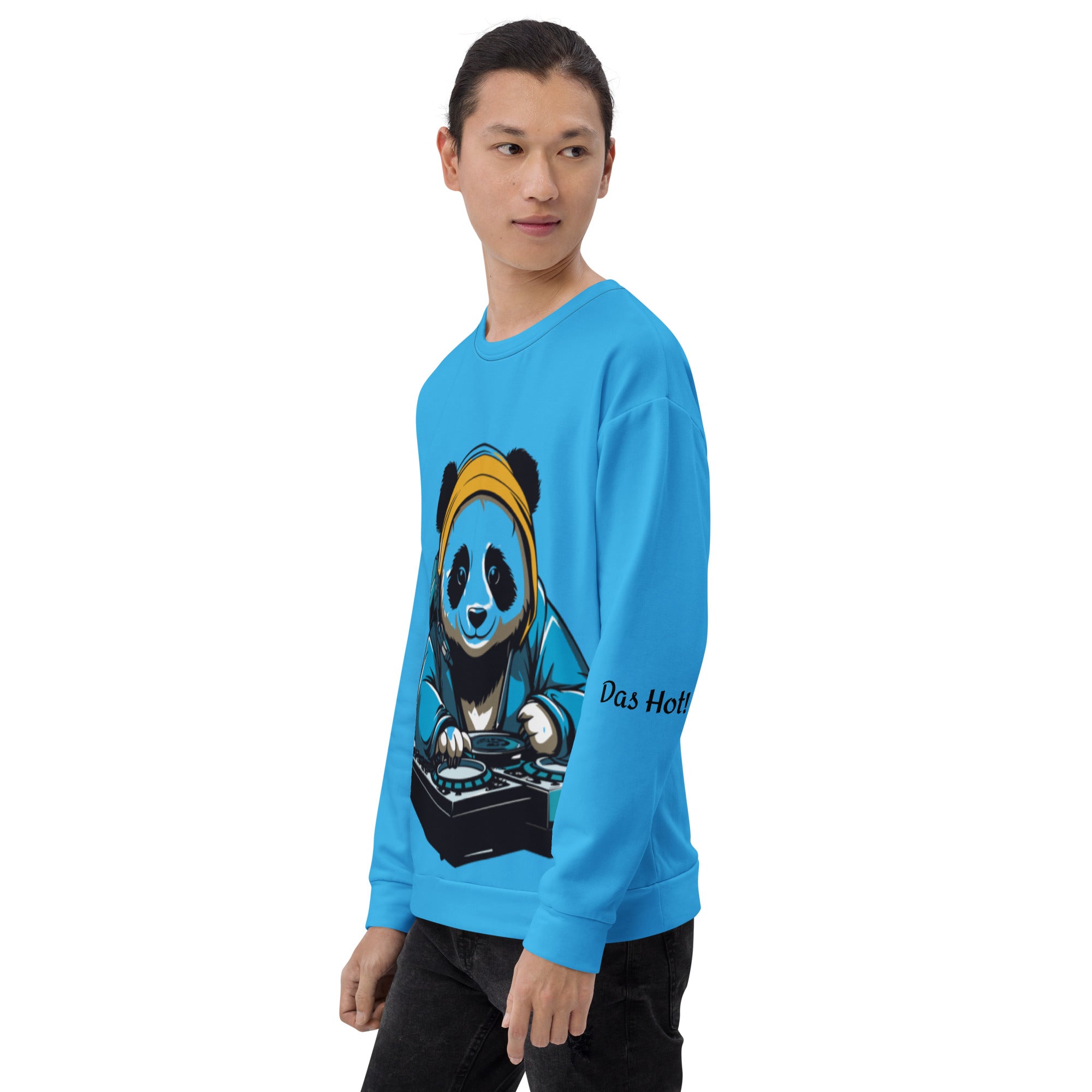 Side profile shot of a model wearing the unisex cyan blue DJ Panda graphic streetwear sweatshirt, showing the Das Hot brand name printed clearly on the sleeve.