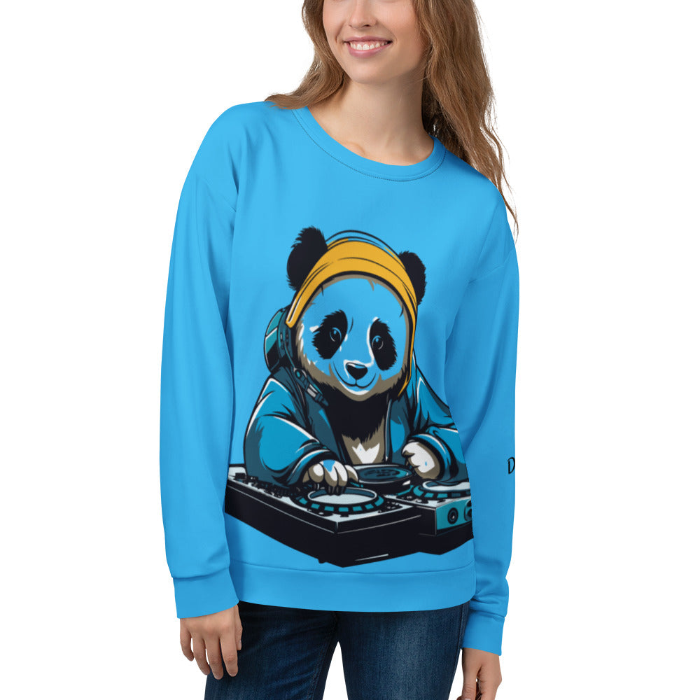 Front view portrait of a model wearing the unisex cyan blue DJ Panda graphic streetwear sweatshirt by Das Hot, displaying the full front cartoon graphic.