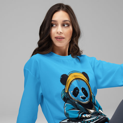 Model wearing the unisex cyan blue DJ Panda graphic streetwear sweatshirt by Das Hot, showcasing the oversized fit and bold cartoon panda design.