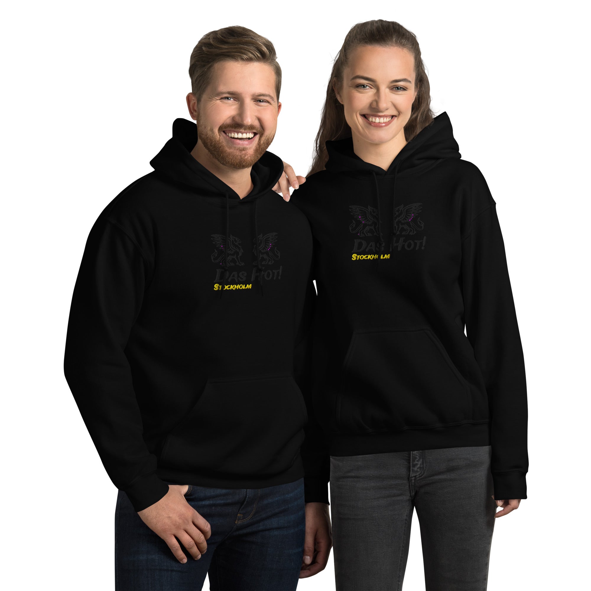Stockholm Griffin Hoodie Black - Man and Woman Wearing Das Hot Embroidered Hoodie with Mythical Griffins Front View