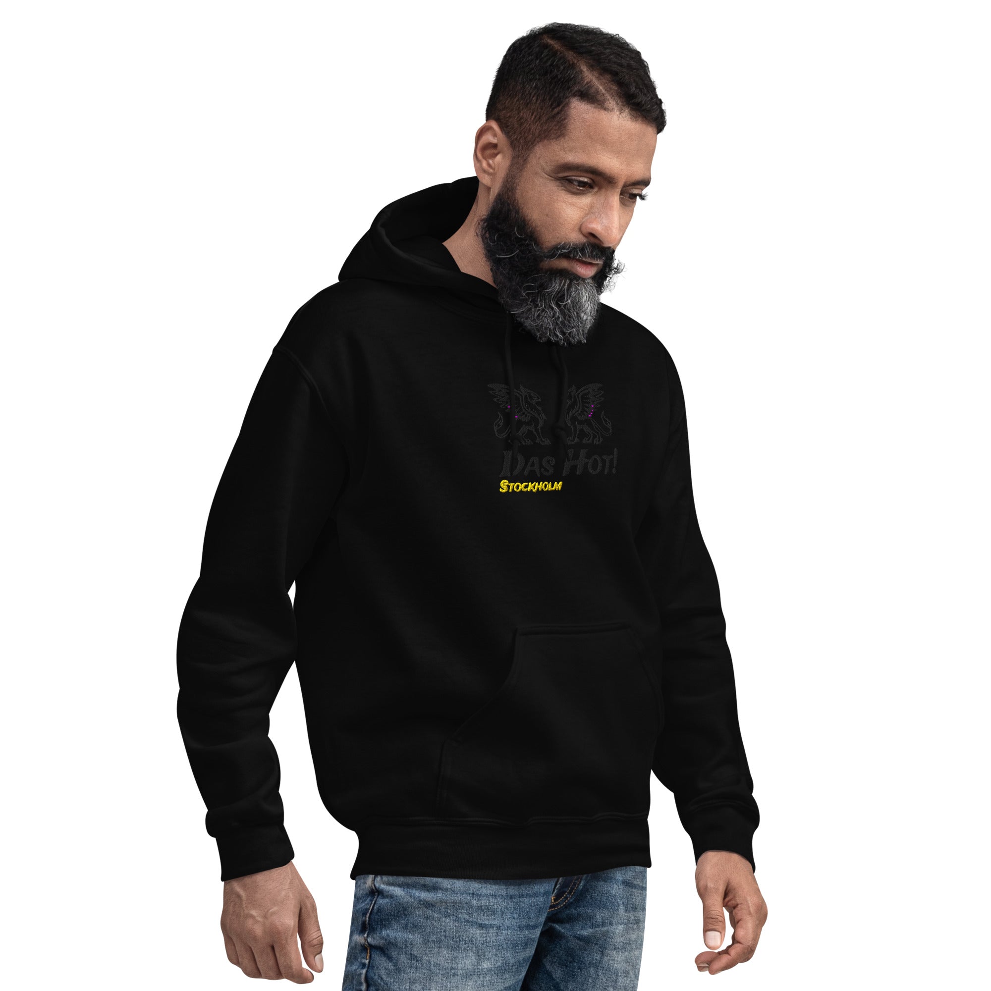 Stockholm Griffin Hoodie Black - Man Wearing Das Hot Embroidered Hoodie with Mythical Griffins Front Rigth View