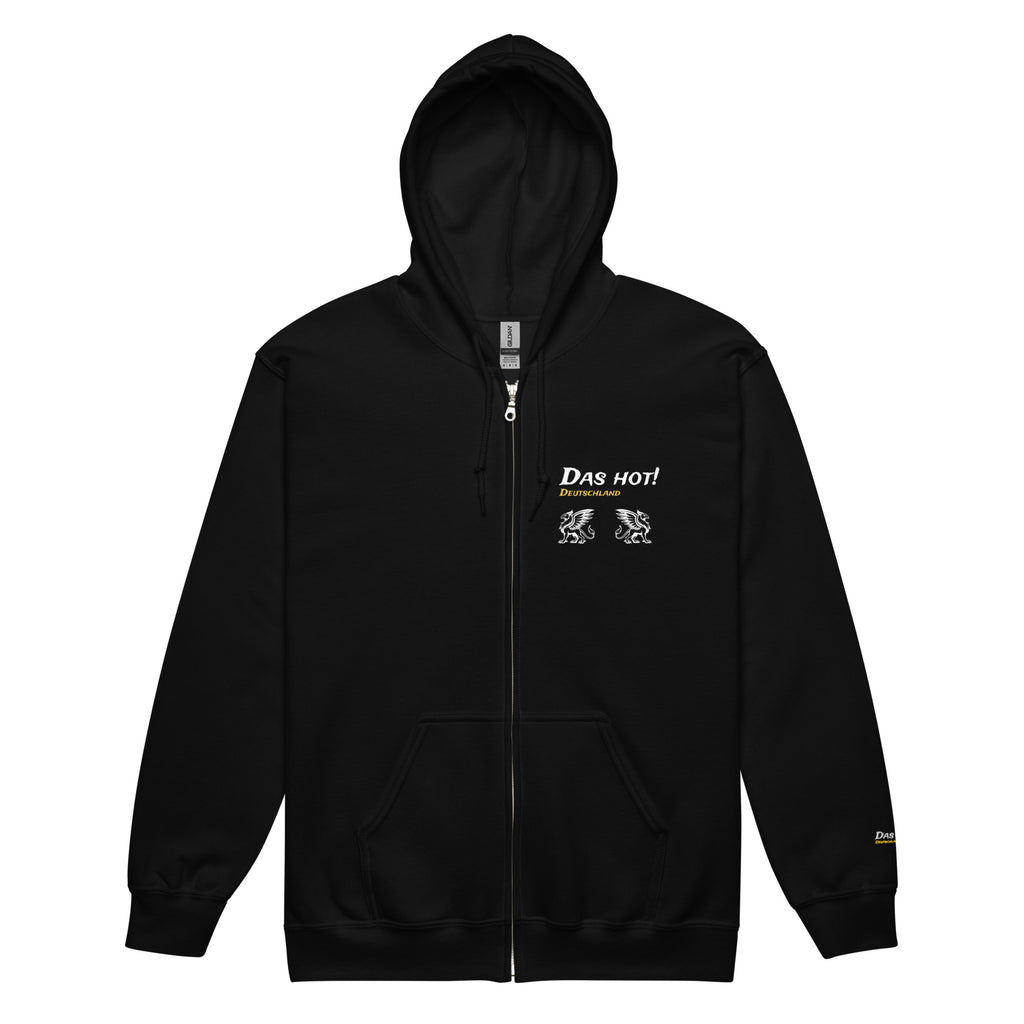 Women's black griffin zip up hoodie ghost front view Das Hot white Deutschland gold two small white griffins