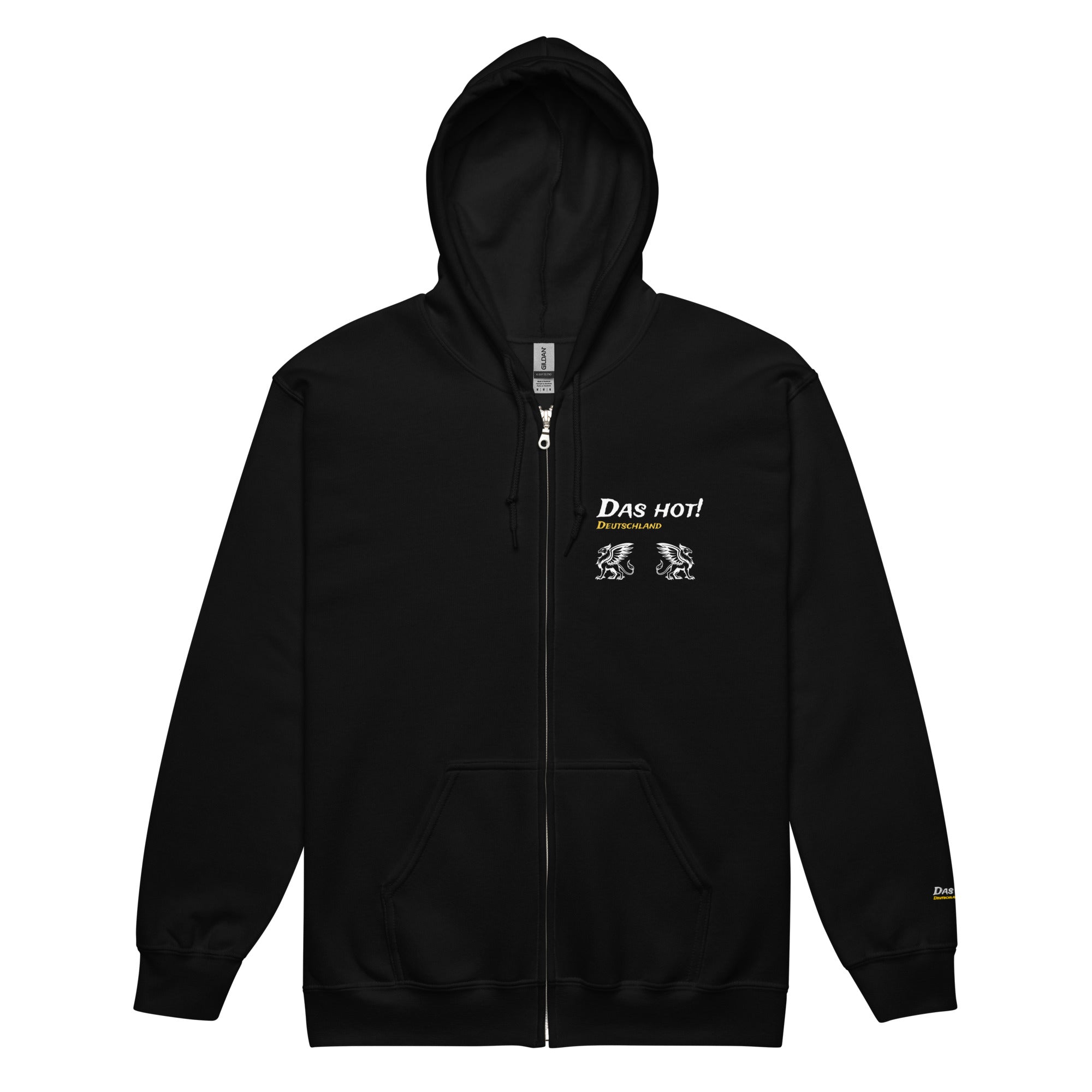 Women's black griffin zip up hoodie ghost front view Das Hot white Deutschland gold two small white griffins