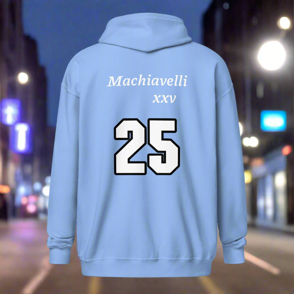 Light blue hoodie with 'Machiavelli XXV' text and number 25 on the back against a white background
