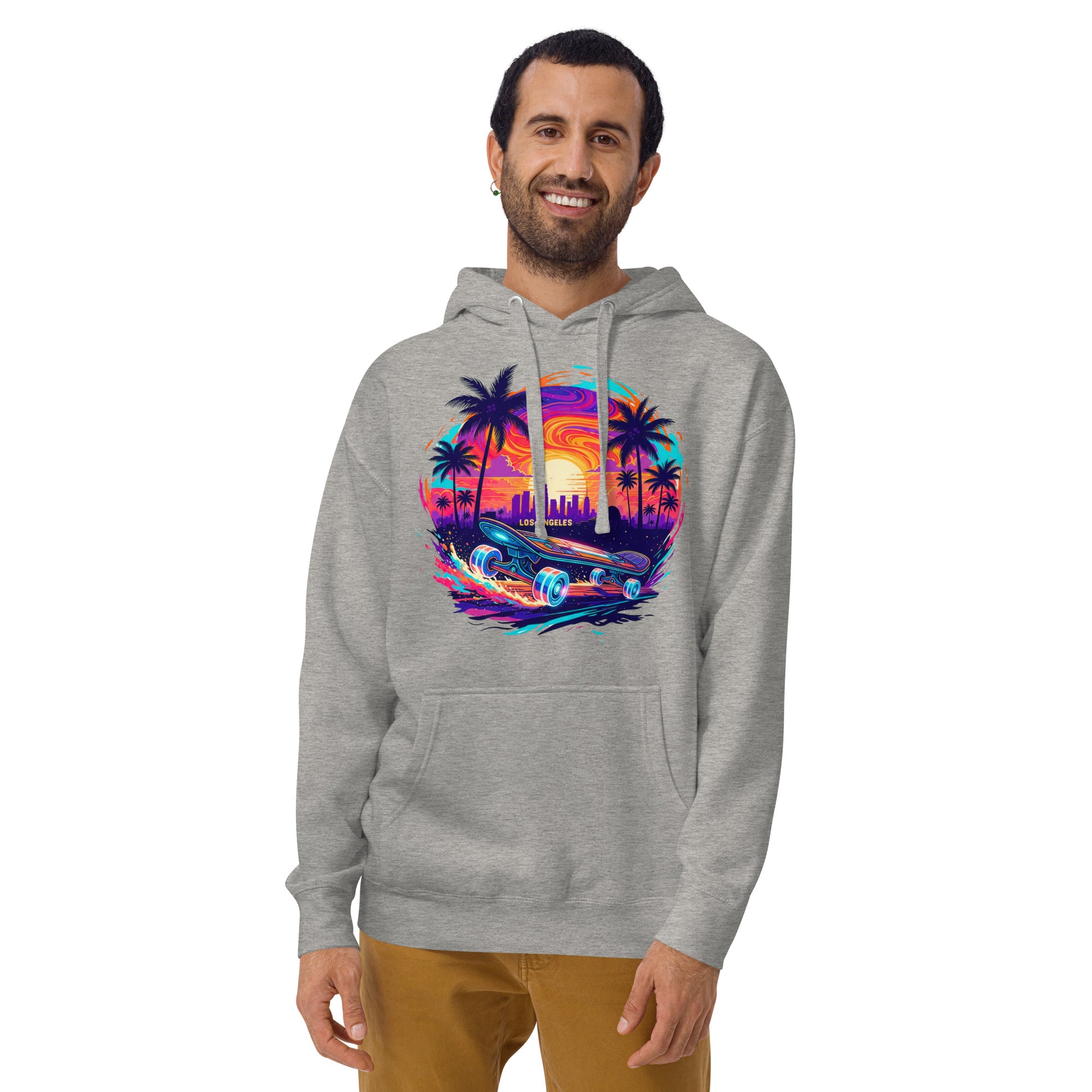 Man wearing grey LA skateboard hoodie with colorful skateboard design - front view