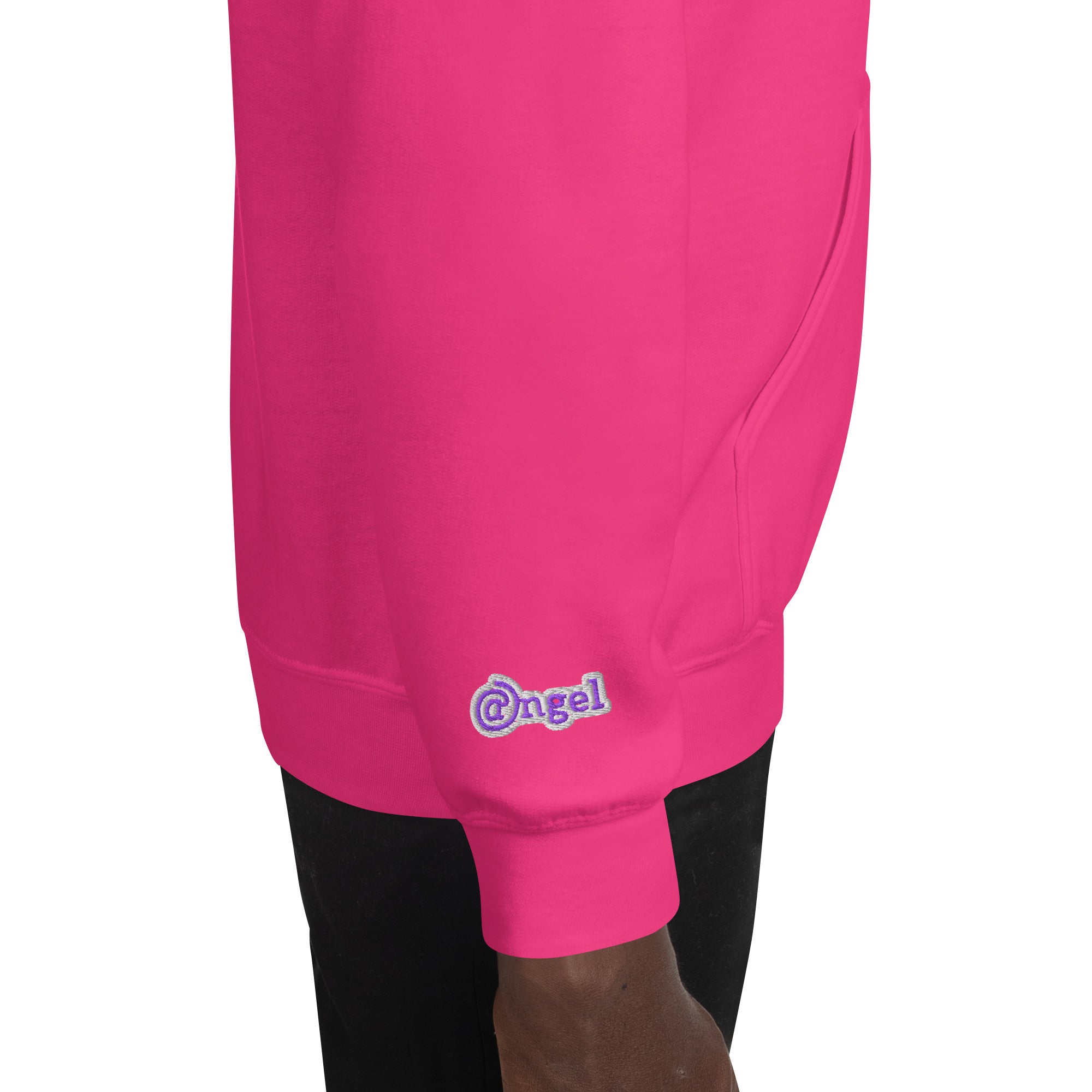 Close-up of pink hoodie right sleeve with an angel brand logo on a white background
