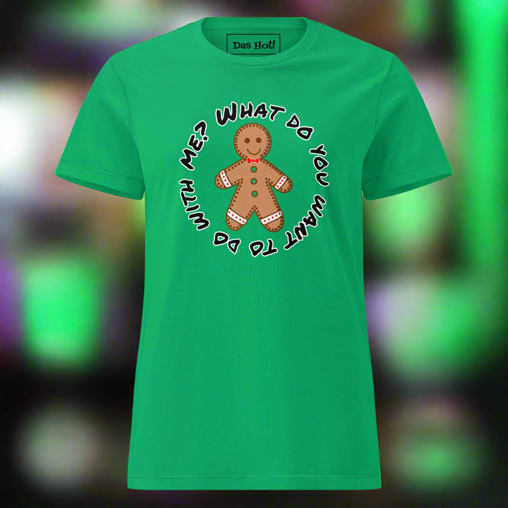 Green t-shirt with a gingerbread man graphic and text on a white background