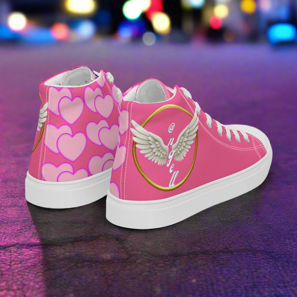 Women's High top sports shoes. Color, pink and white. sole of the shoes are white. white shoe strings. 