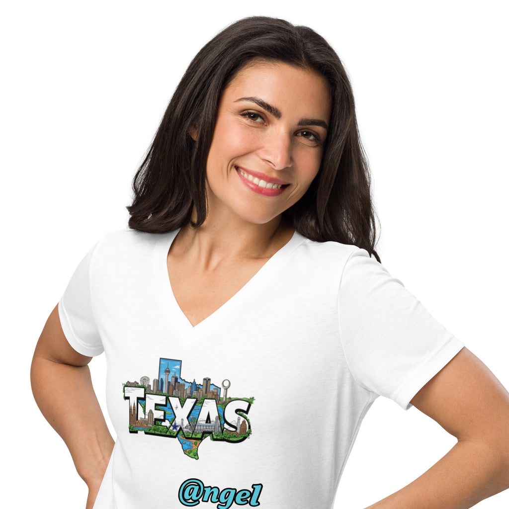 Woman wearing a white t-shirt with 'Texas' and '@ngel' design on a white background