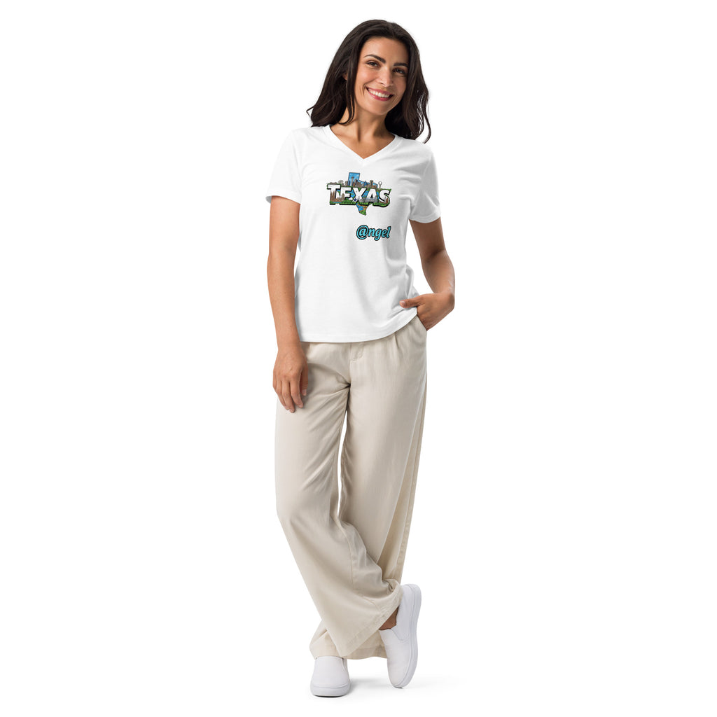 Woman wearing a white texas graphic t-shirt with text and graphics on a white background
