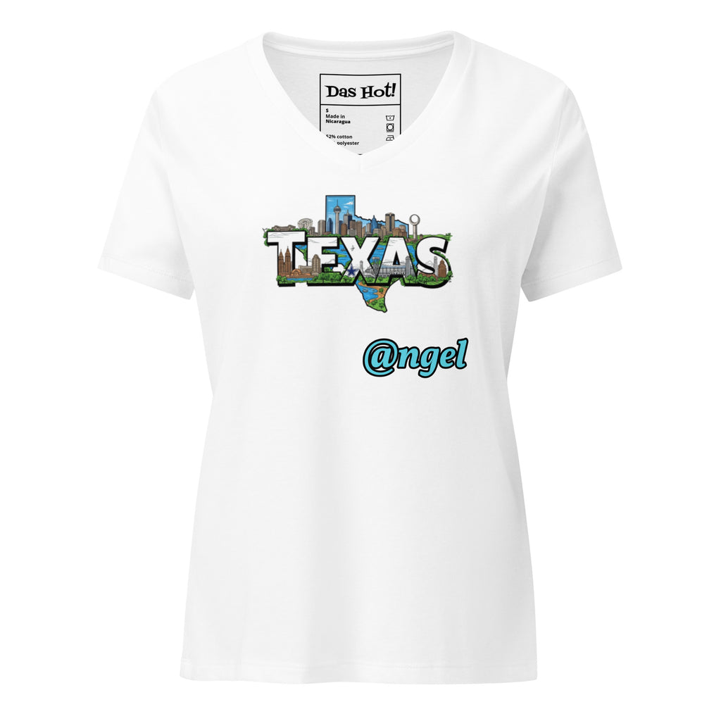 White t-shirt with 'Texas' graphic and '@angel' text on a white background